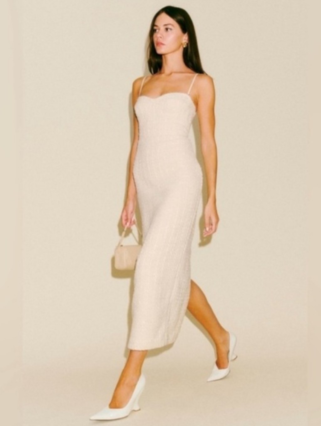 Reformation Lakia Tweed Strapless Cocktail Midi Dress Ivory Size 2